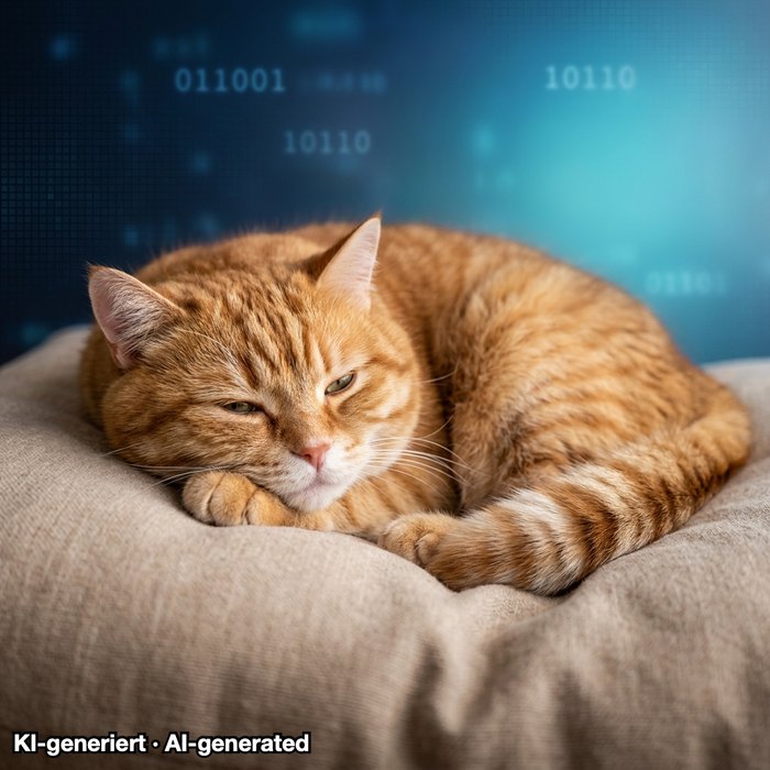 KI-generierte orange Katze auf einem Kissen vor blauem Binärcode-Hintergrund, unten links das Label „KI-generiert · AI-generated“