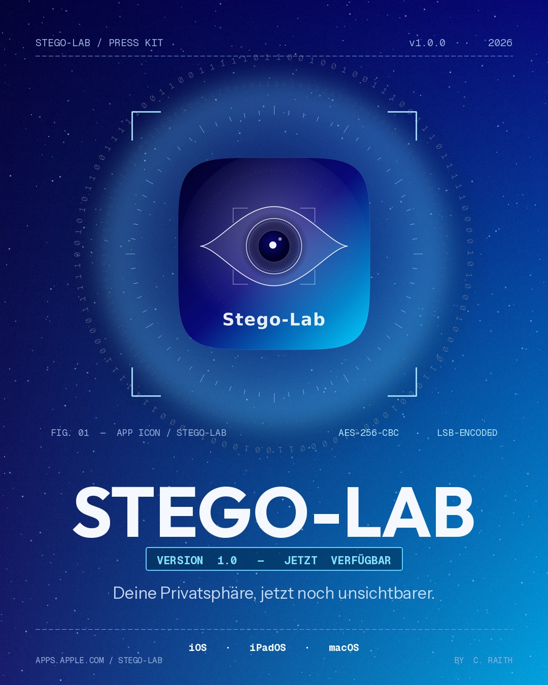Stego-Lab App-Icon mit Augen-Logo — Version 1.0, verfügbar für iOS, iPadOS und macOS